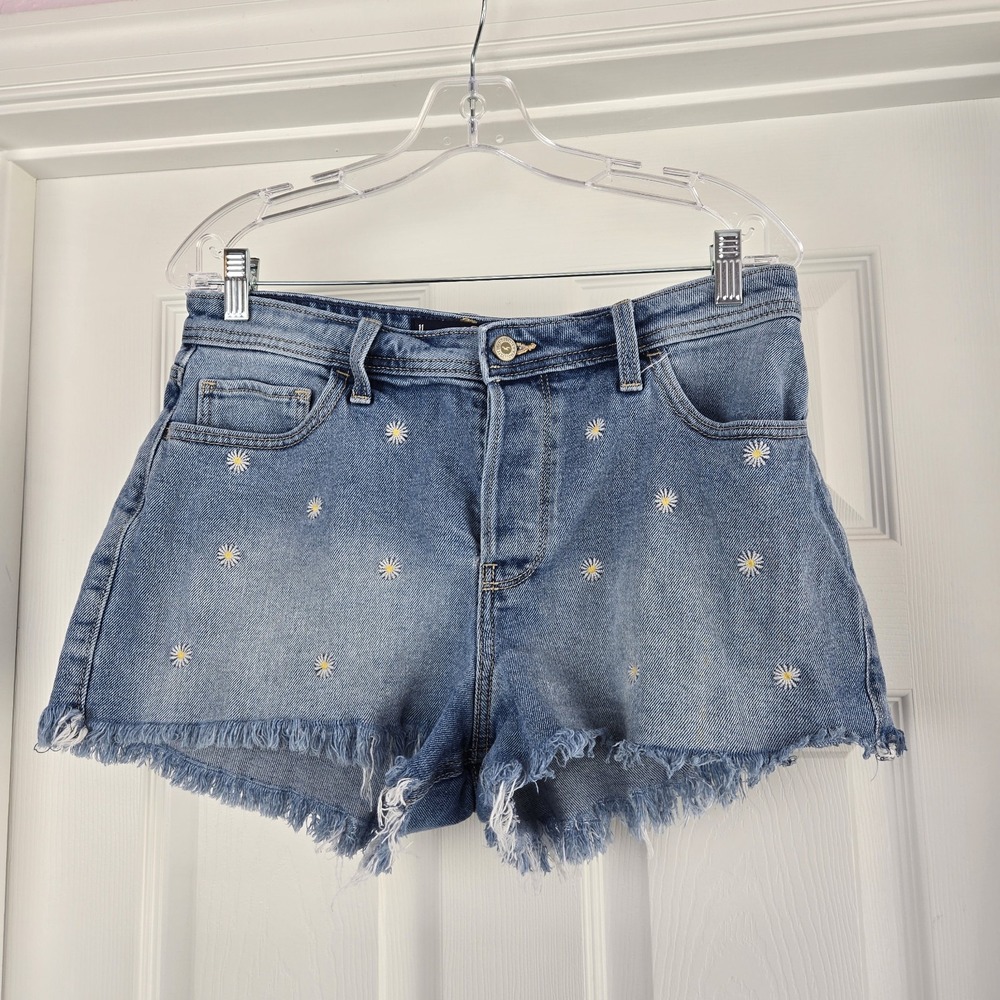 Hollister Denim High Rise Mom Shorts 3" Size 30 11 Embroidered Daisys Frayed